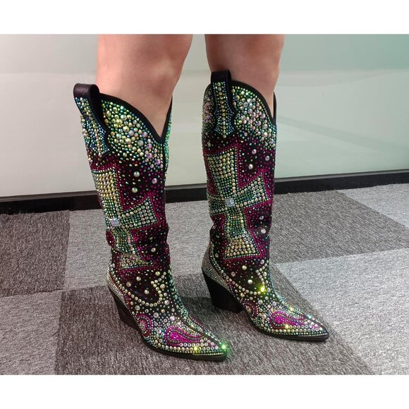 Women's Multi Blue Fashion Rhinestone Cross Western Knee-High Cowboy Boots - Picture 2 of 9